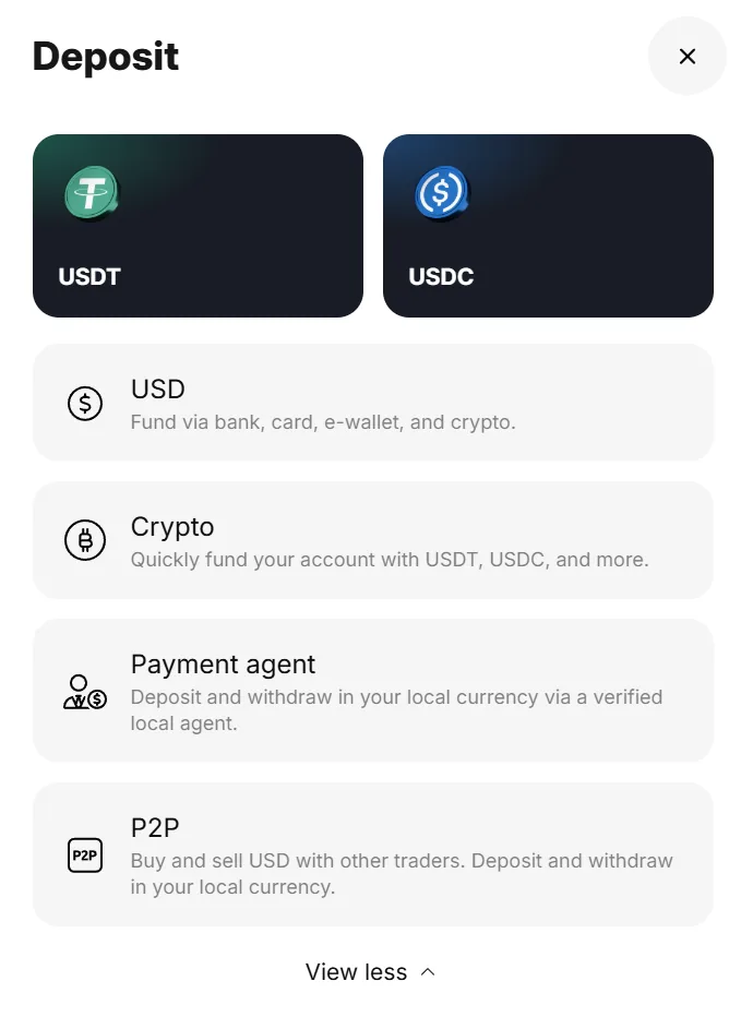 Deriv deposit panel offering USDT, USDC, USD by bank card and e-wallet, crypto, payment agent and P2P