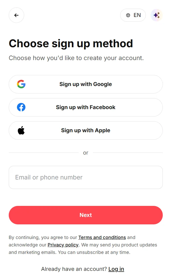 Deriv sign up screen offering Google, Facebook and Apple sign-up or an email or phone number field