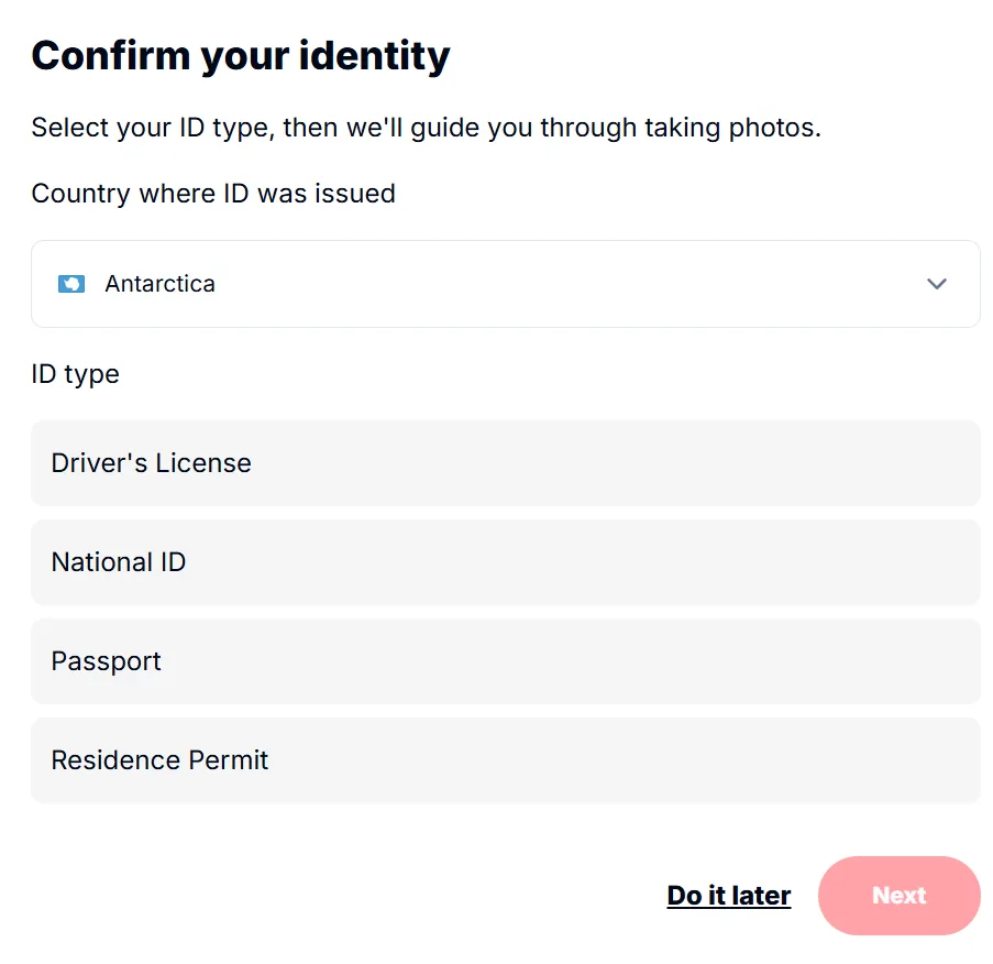 Deriv identity confirmation screen with a country selector and four document types: driver's licence, national ID, passport and residence permit
