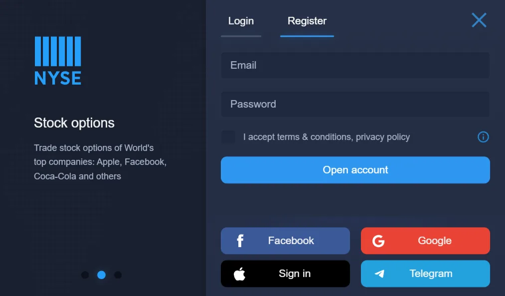 Expert Option registration panel with email, password, terms checkbox and sign-in buttons for Facebook, Google, Apple and Telegram