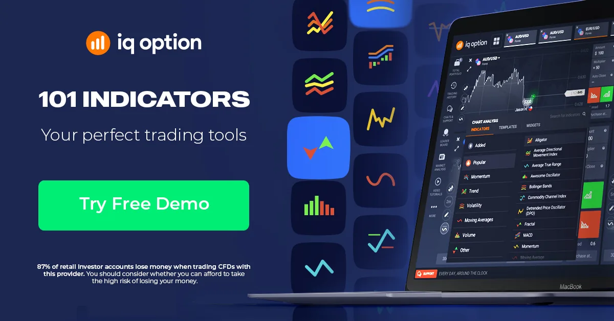 IQ Option banner: 101 indicators, try free demo