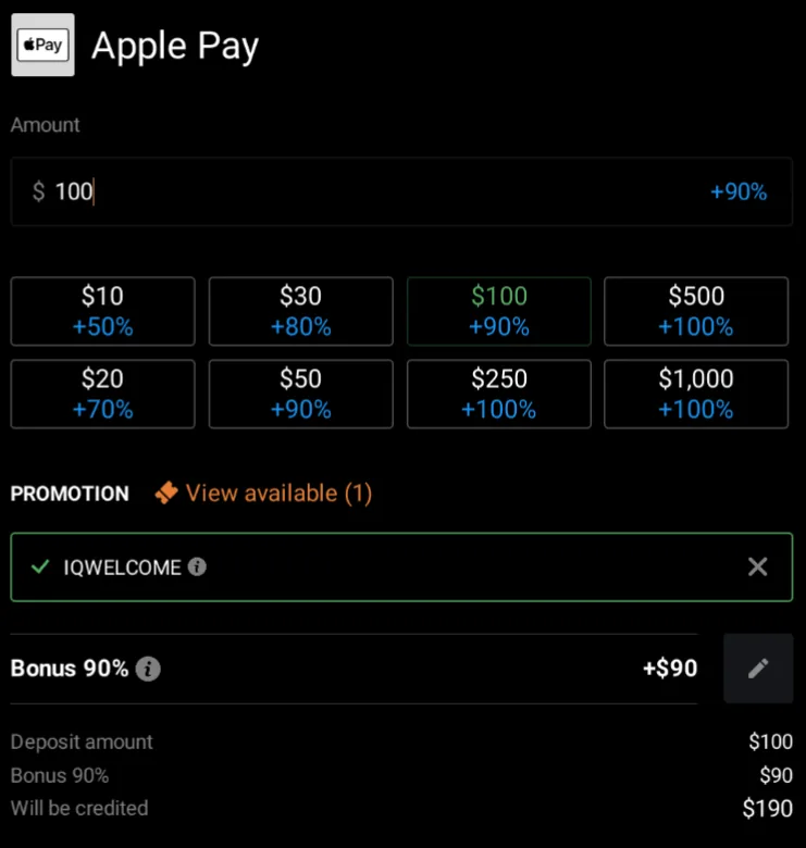 IQ Option deposit screen with the IQWELCOME code applied, showing bonus percentages rising from 50 percent at ten dollars to 100 percent at two hundred and fifty