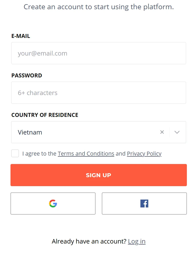 IQ Option sign up form with email, password, country of residence and the terms checkbox