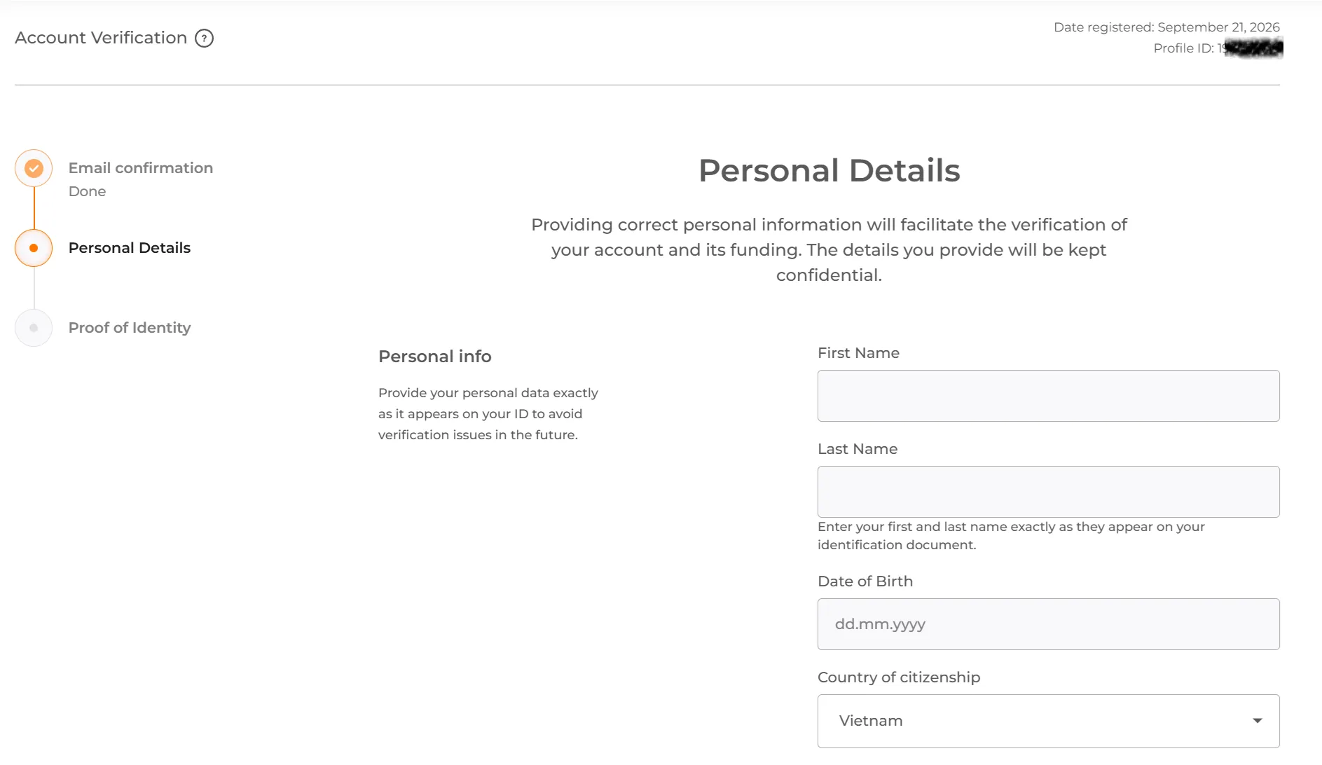 IQ Option account verification page showing the three step progress list and the personal details form