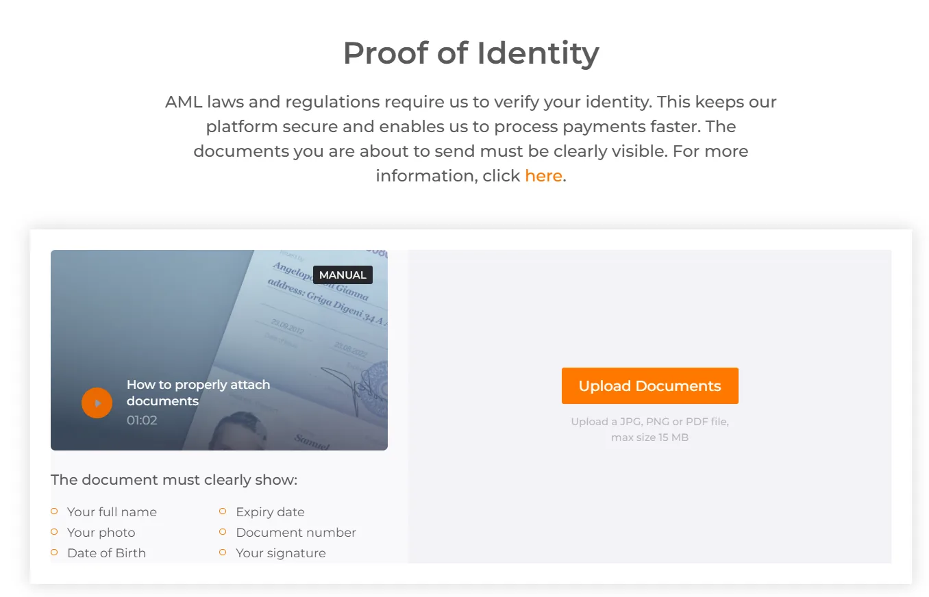 IQ Option proof of identity step listing what the document must show: full name, photo, date of birth, expiry date, document number and signature
