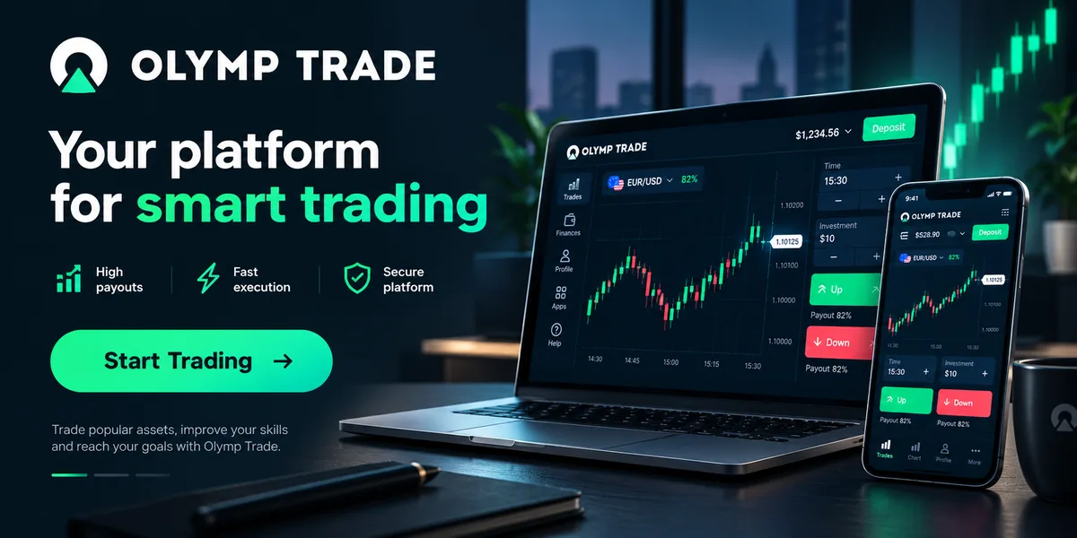 Olymp Trade banner showing the desktop and mobile terminals with a EUR/USD trade at an 82 percent payout