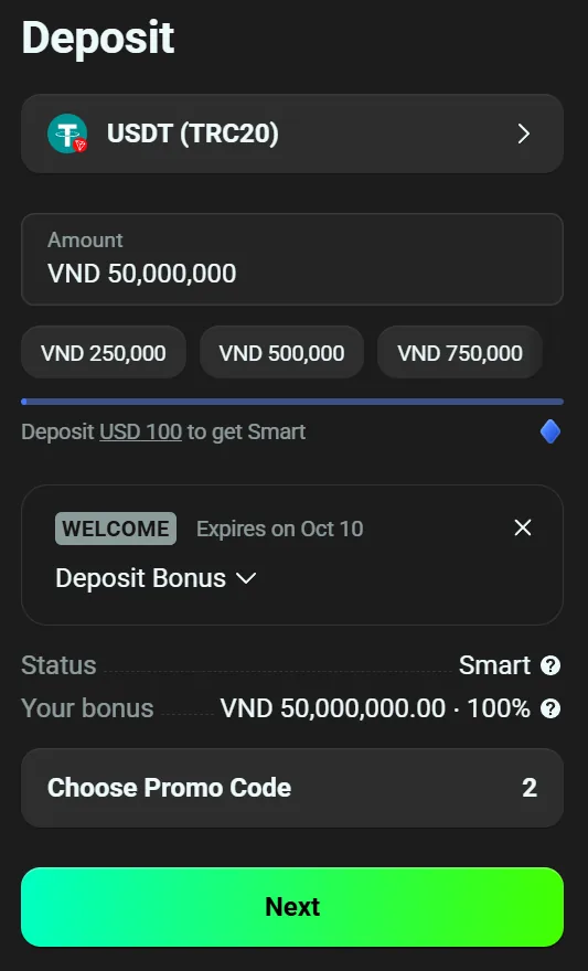 Olymp Trade deposit screen showing a crypto method, an amount in local currency, a progress bar towards the next account status and the WELCOME deposit bonus with a 100 percent rate