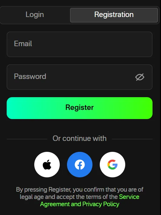 Olymp Trade registration panel with email and password fields and Apple, Facebook and Google sign-in options