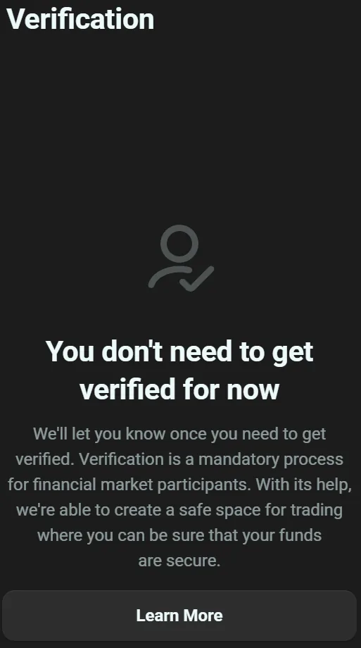 Olymp Trade verification page stating that the account does not need to be verified for now