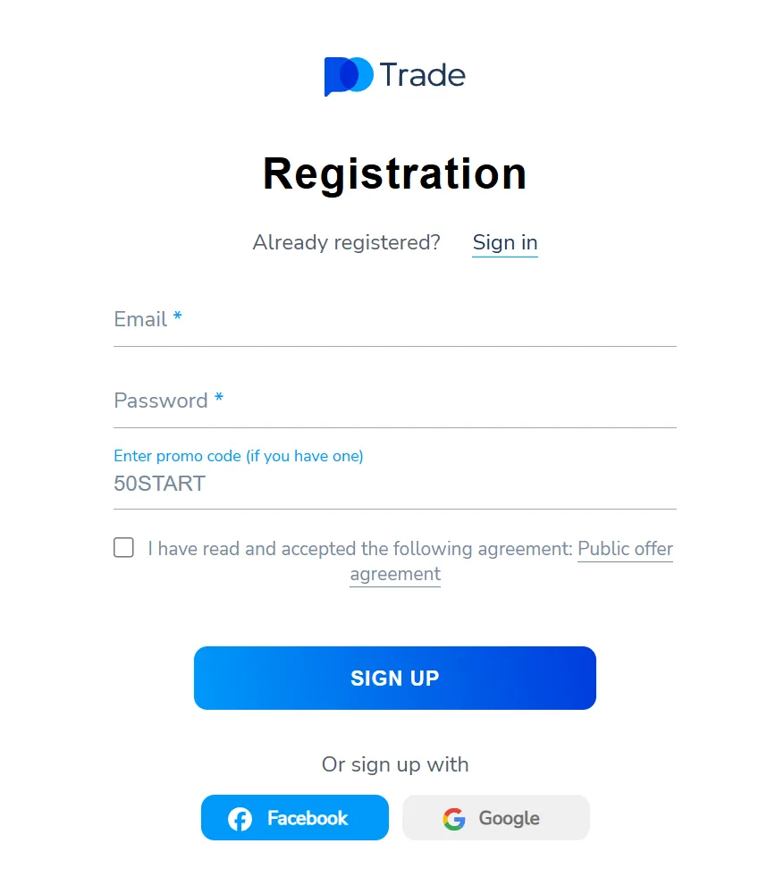 Pocket Option registration form with email, password and the promo code field filled in with 50START