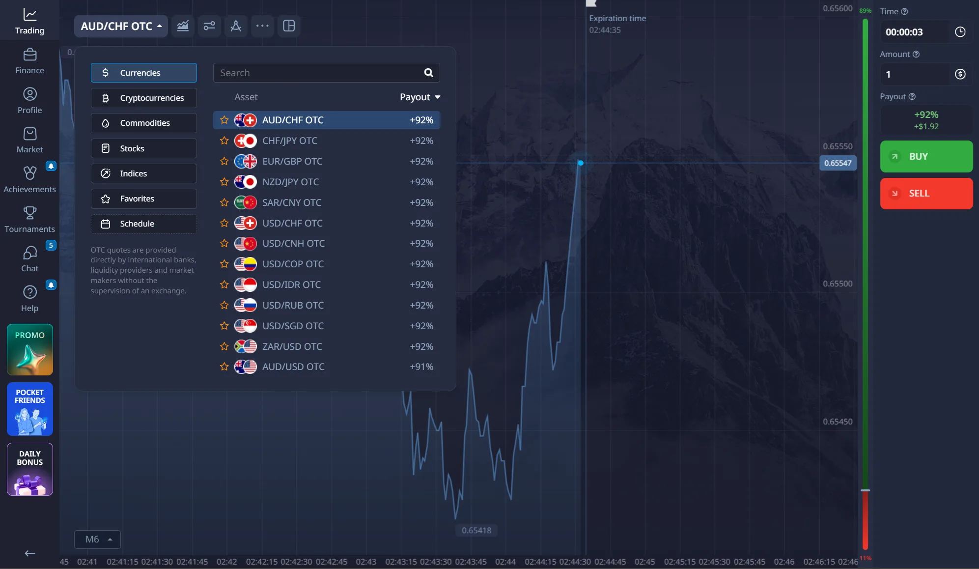 Pocket Option trading terminal with the asset list open, showing currency pairs at 92 percent payout, a three second expiry and a one dollar trade amount