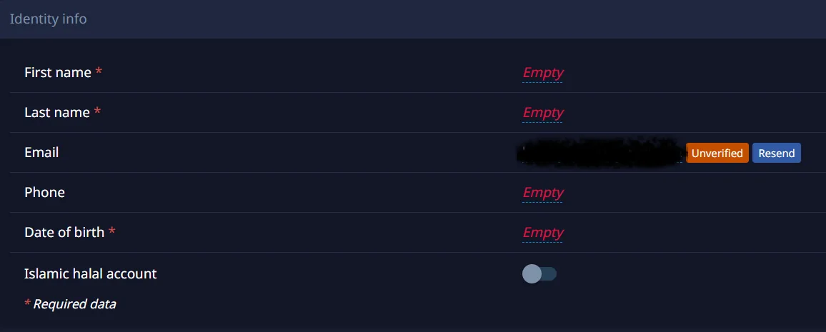 Pocket Option profile identity section showing first name, last name, email, phone, date of birth and an Islamic halal account toggle