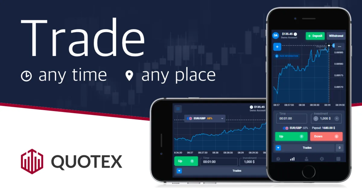 Quotex banner showing the mobile terminal with a EUR/GBP trade, the Up and Down buttons and the payout