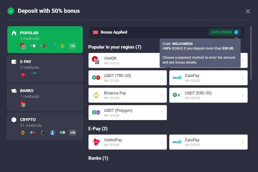 Quotex deposit window showing the bonus applied banner, the popular, e-pay, banks and crypto categories and methods with a ten dollar minimum