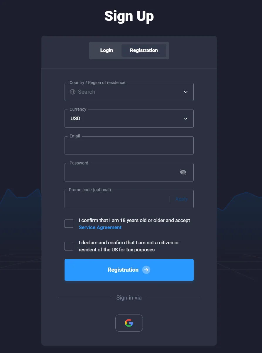 Quotex sign up form with country, currency, email, password and an optional promo code field
