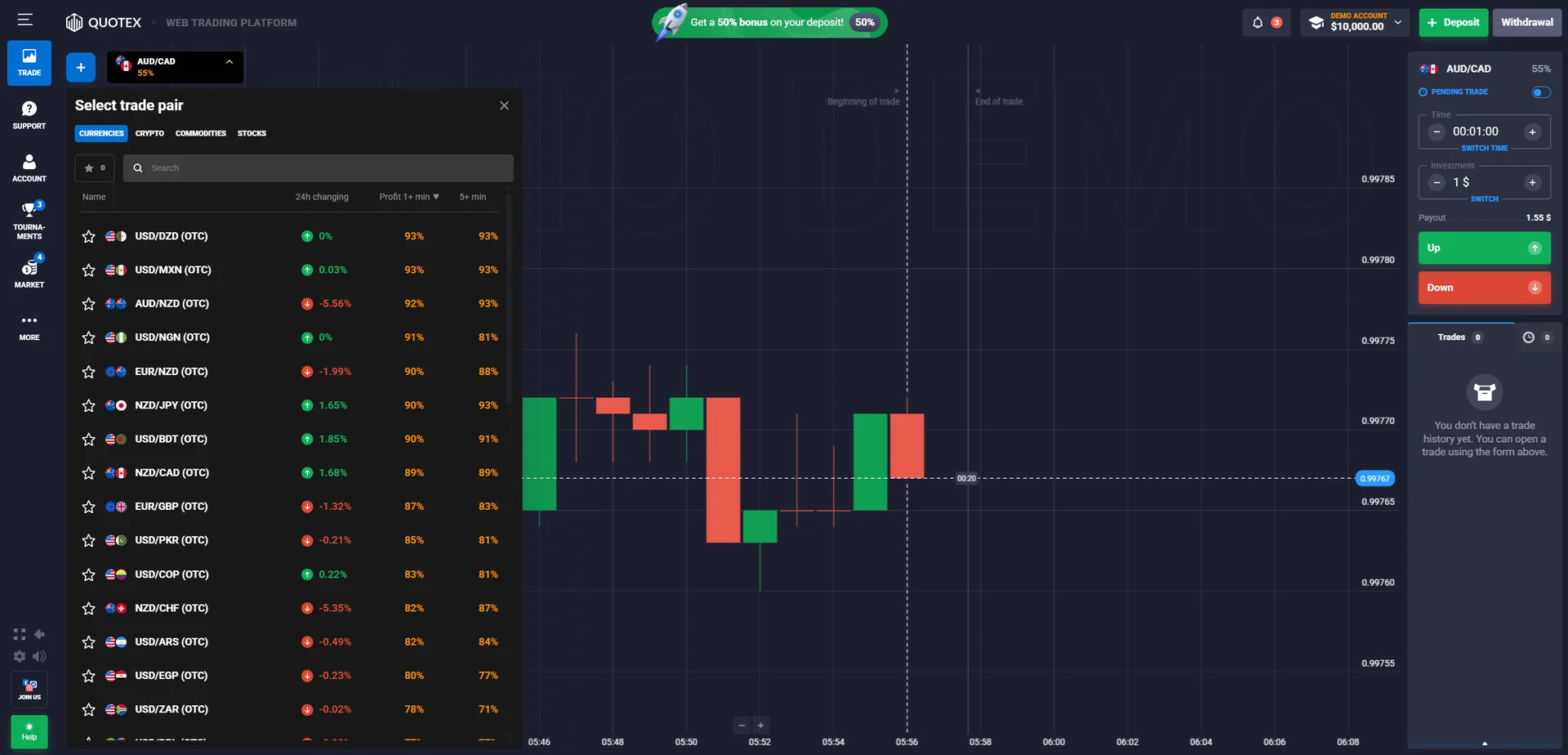 Quotex terminal with the trade pair list open, showing payout percentages for short and longer expiries beside each currency pair
