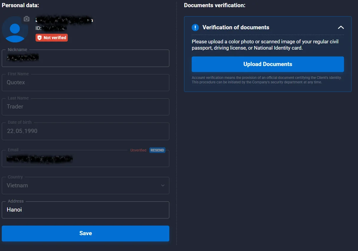 Quotex account page with the personal data form on the left and the document verification panel on the right